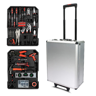 108 Pcs Aluminum Trolley Case Tool Set, Portable Hand Toolbox Set with Wheels for Household Repairs