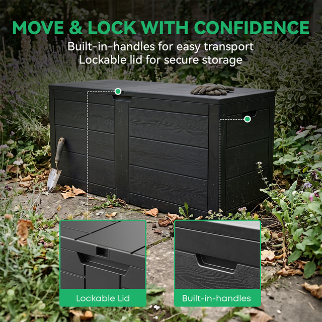 Over 250L Capacity Modern Design Multifunction Large Plastic Deck Storage Shed Box Toolbox with Built-in Handle and Wheels 