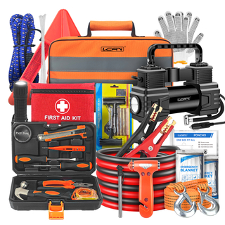 Car Emergency Kit with Portable Air Compressor, First Aid Kit, Jumper Cables, Roadside Safety Emergency Tool Kit