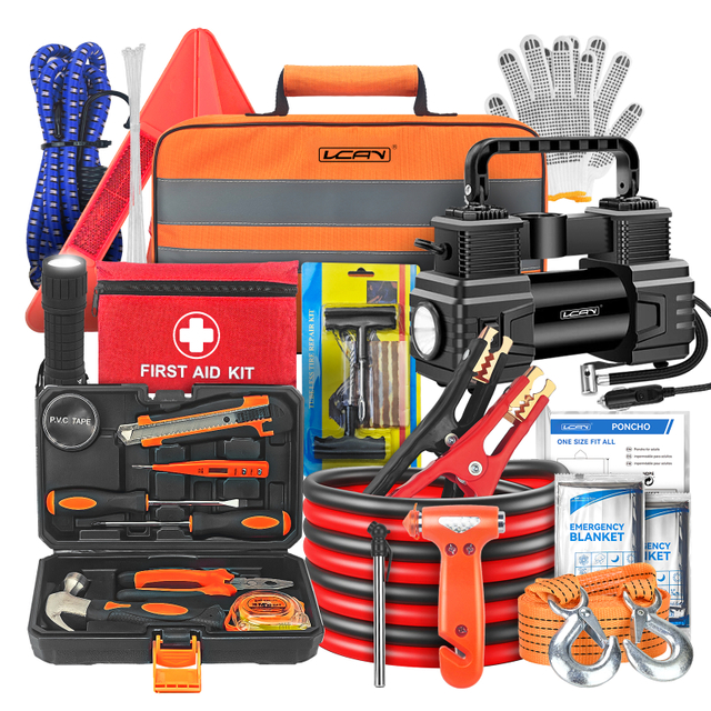 Car Emergency Kit with Portable Air Compressor, First Aid Kit, Jumper Cables, Roadside Safety Emergency Tool Kit