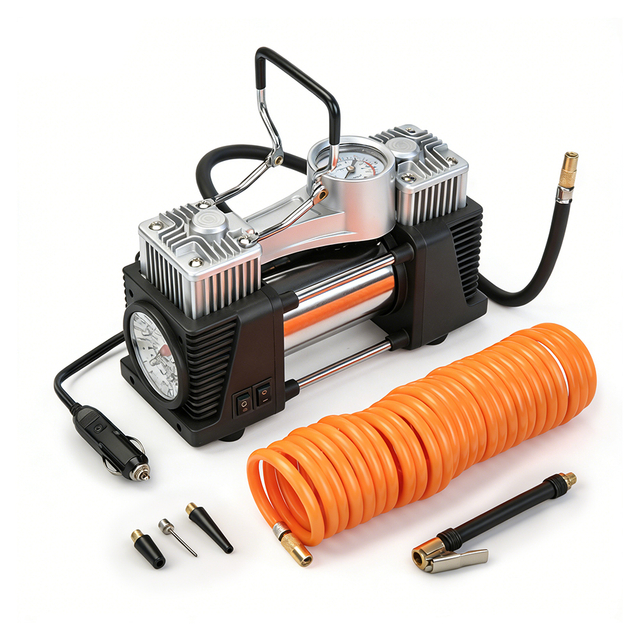 12V Heavy Duty Tyre Inflator Double Cylinder Car Air Pump Compressor with Pressure Gauge for Roadside Emergency