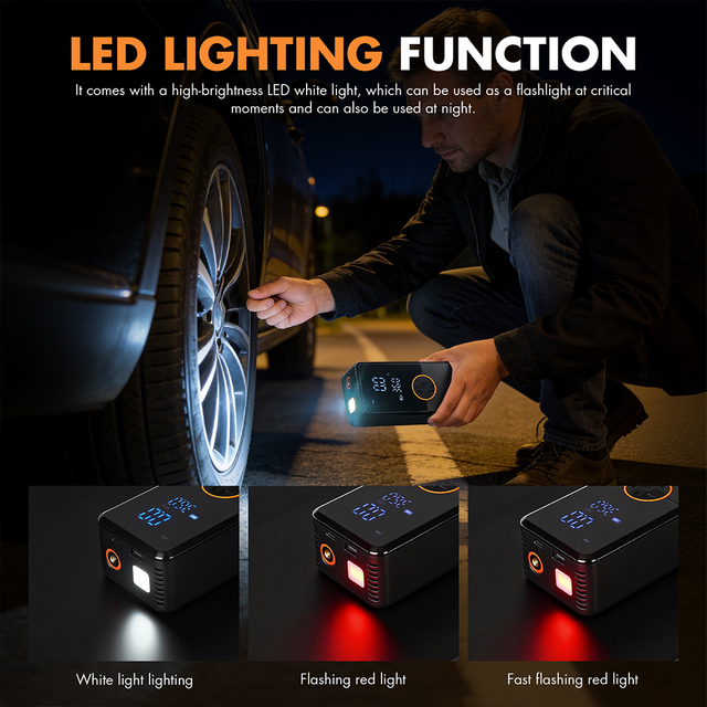 2 in 1 Rechargeable Emergency Air Pump with Jump Starter Powerful Electric Tire Inflator for Car Bike