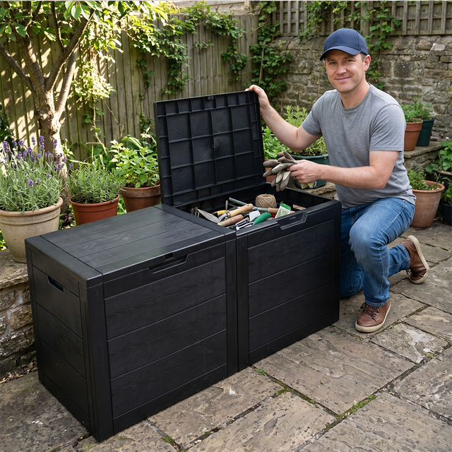 250L Garden Large Plastic Deck Storage Shed Box Toolbox with Built-in Handle And Wheels