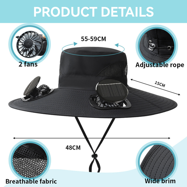Solar Fan Hat Sunshade Fan Hat Outdoor Wide Brim Sun Hat with 2 Solar Fan for Hiking Camping Fishing